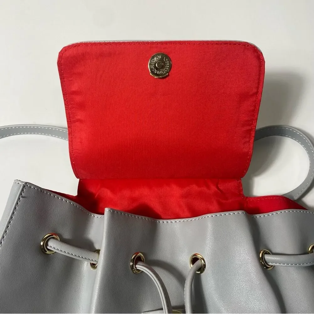Tura Gray Faux Leather Backpack Shoulder Bag Satchel Drawstring Purse